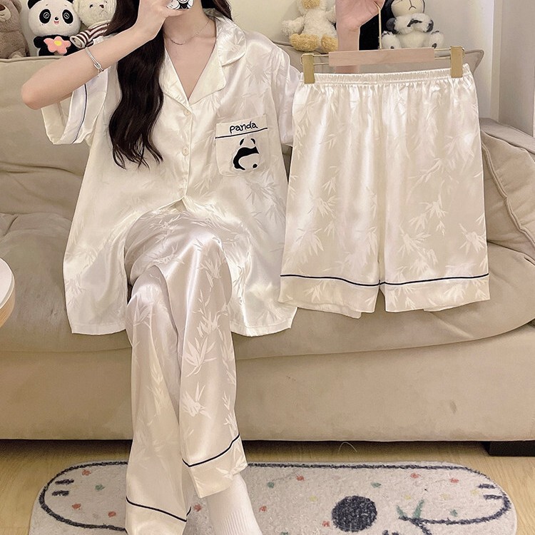 Chinese-style panda ice silk women's pajama three-piece set, short-sleeved with chest pads, plus-size home wear for spring and autumn, thin summer style Chinese-style panda ice silk women's pajama three-piece set, short-sleeved with chest pads, plus-size home wear for spring and autumn, thin summer style