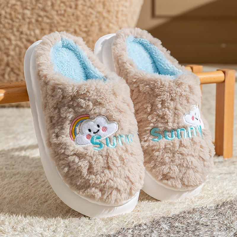 Hermosas zapatillas de algodón de oveja casera pareja de cabeza caliente antideslizante fondo grueso pisar mierda sensación de invierno peludo zapatillas