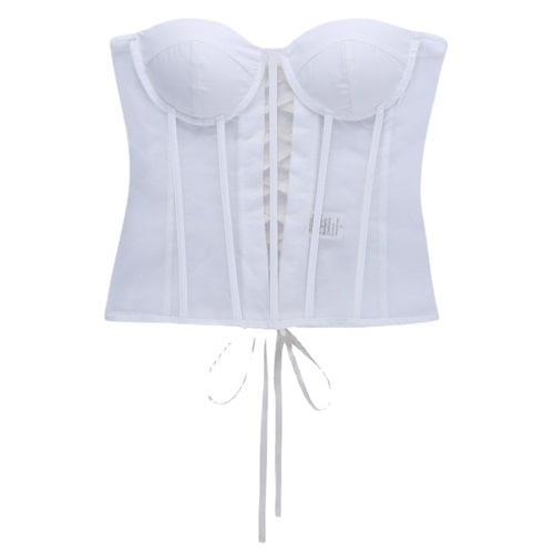 23548P Breast Cup Mesh Waist Bra for Women European and American Spring Solid Color Splicing Lace-up Slim Fit Inner Tube Top