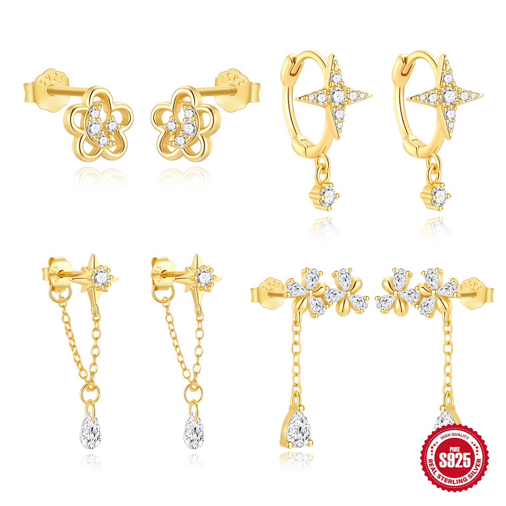 Ins estilo simple europeo y americano transfronterizo S925 plata de ley estrella de seis puntas pequeñas y exquisitas pendientes de borla de todo fósforo de viaje