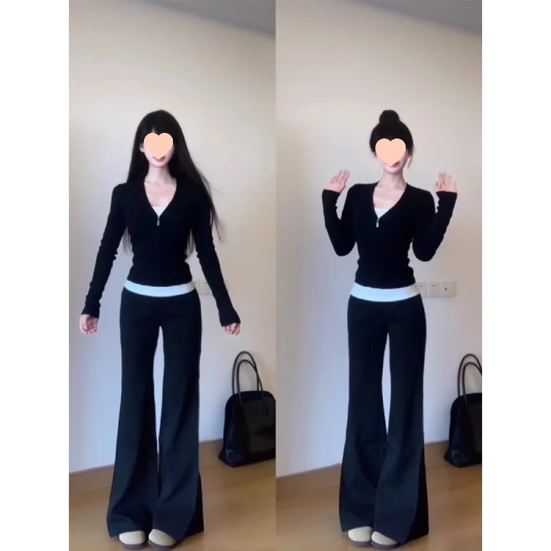 黑色开衫假两件长袖恤女春秋季修身拉链显瘦打底衫内搭纯欲上衣|undefined
