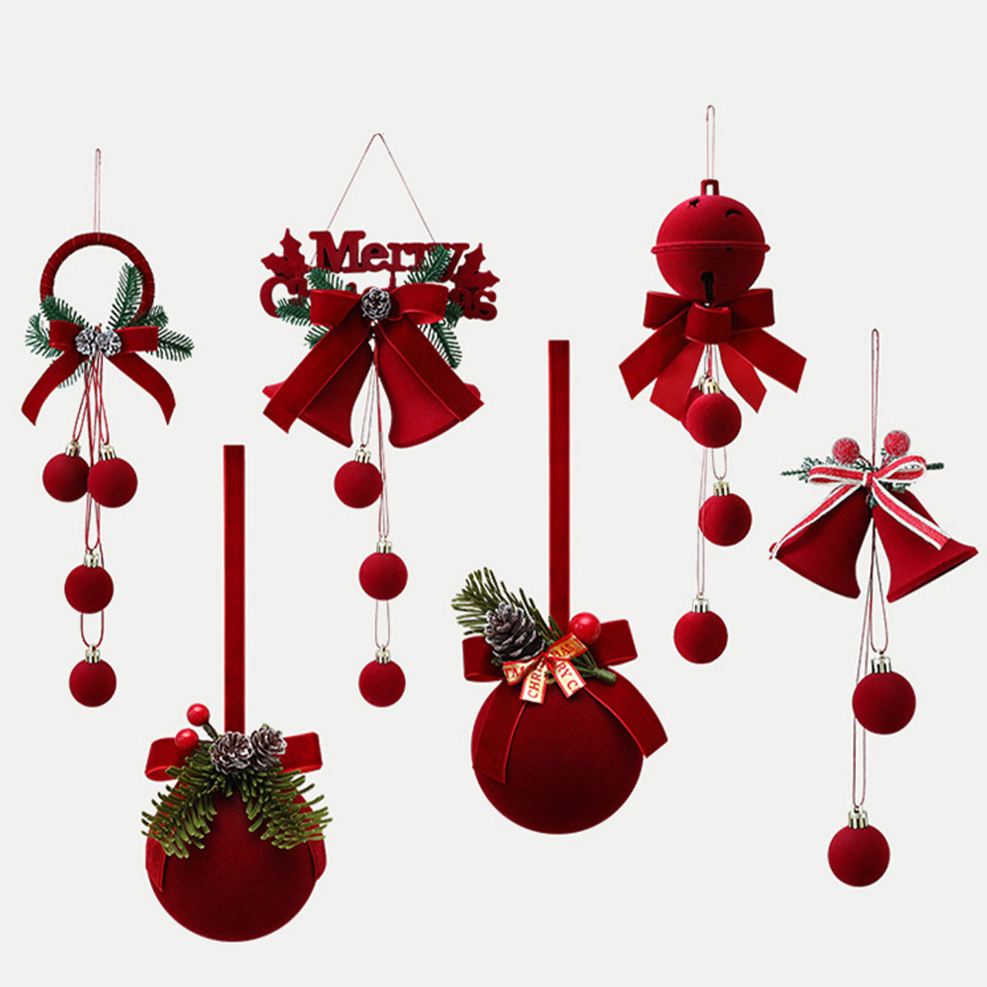 Nordic Flocked Christmas Bell Decorations – Festive Holiday Ornaments With Bows, Jingle Bells & Flocked Details (6 Styles)_voghion.com