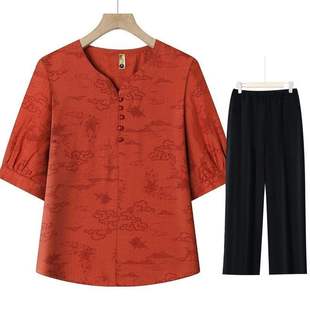 Trendy Mom Summer Two-Piece Set New Chinese Style Middle-Aged Women's T-Shirt + Pants Set Plus Size Loose Women's Top