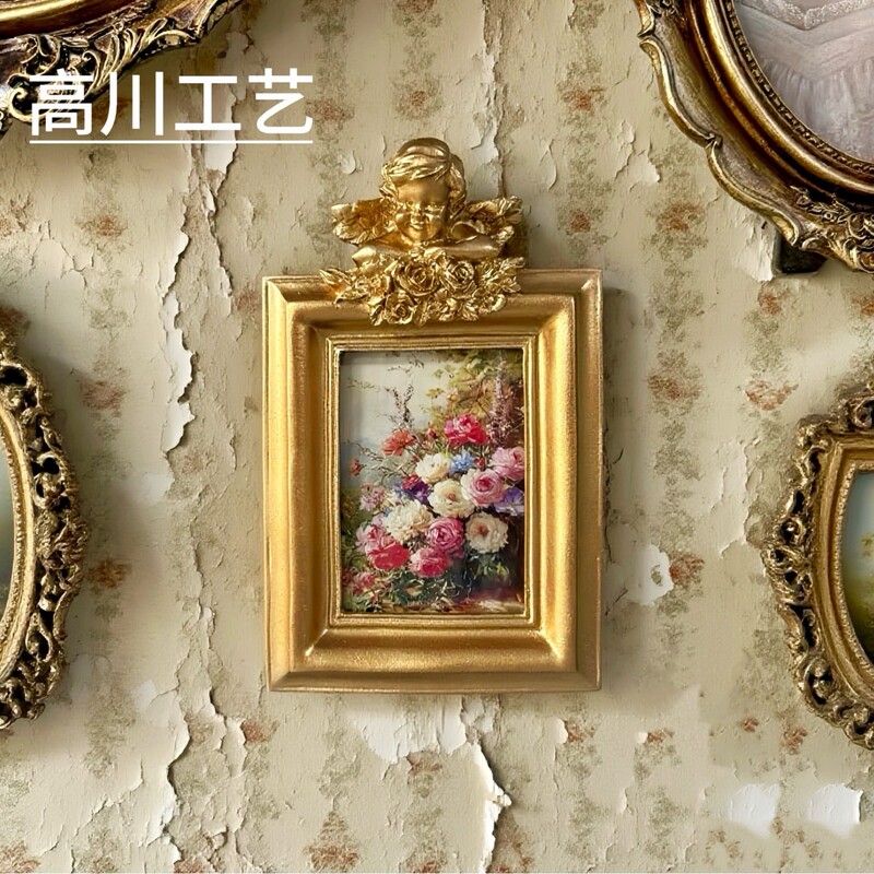 Golden Angel Carved Resin Wall Hanging Painting Living Room Desktop Ornament Bedroom Bedside Table Picture Frame Decoration Gold Foil