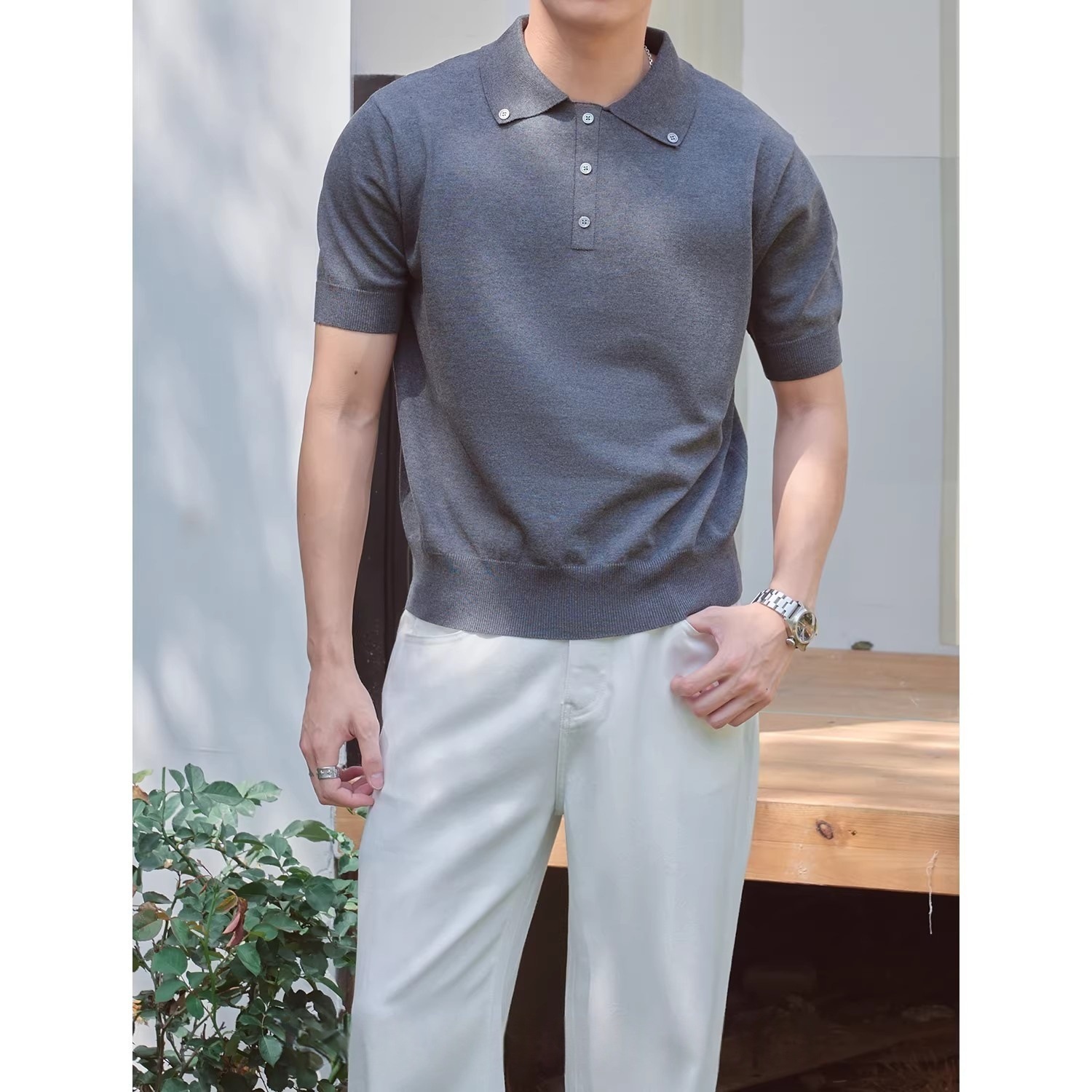 Polo camiseta de punto camiseta de manga corta botón hombre viejo dinero estilo de negocio delgado verano seda transfronteriza transpirable fábrica al por mayor