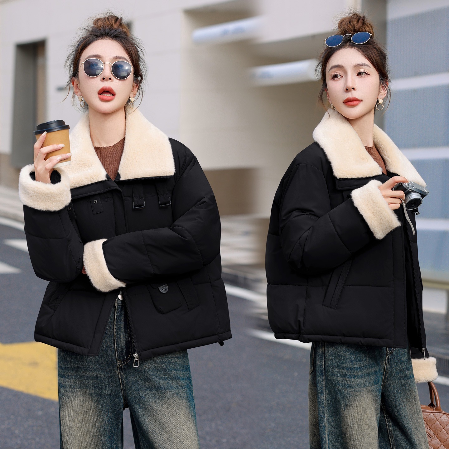 Spot 2025 invierno locomotora coreana estilo de viento casual suelto imitación de cordero calentamiento abrigo de algodón con solapa corta mujer image 4