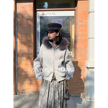 CZ ZHANG秋冬狐狸毛毛领连帽棉衣女宽松休闲加厚卫衣外套 B47273