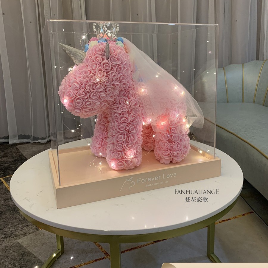 Unicornio flor inmortal rosa ramo caja de regalo de regalo para el día de San Valentín para la novia esposa y amiga