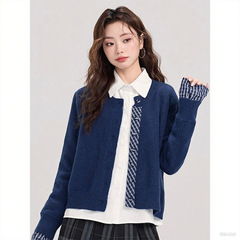 假两件藏蓝色针织开衫女秋冬新款韩系慵懒风松弛感短款毛衣女上衣
