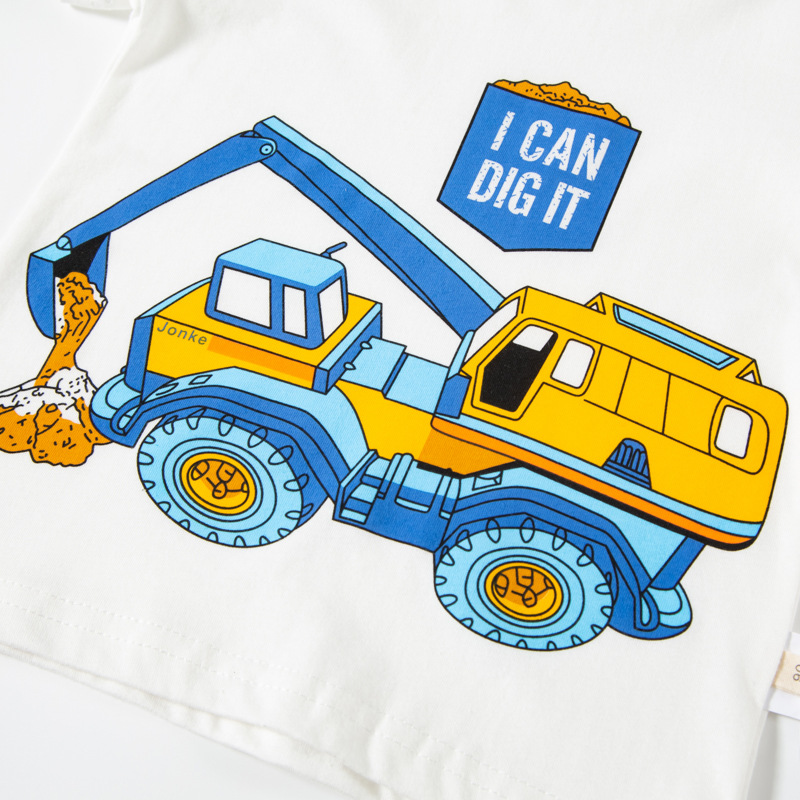 2024 Camiseta de manga corta de coche de dibujos animados para niños de verano excavando coche impreso superior ropa de bebé ropa para niños moda Generación de cabello