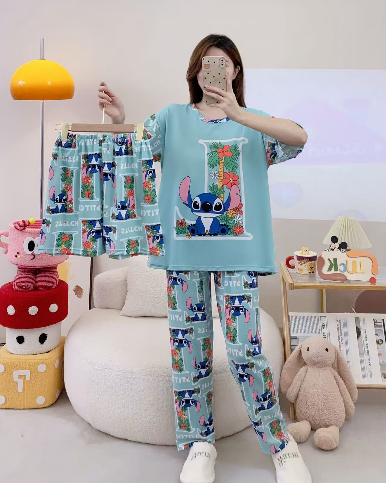 Pijamas de verano transfronterizos pijamas de leche de seda de tres piezas set de dibujos animados comercio exterior ropa para el hogar pantalones de mangas cortas lindos