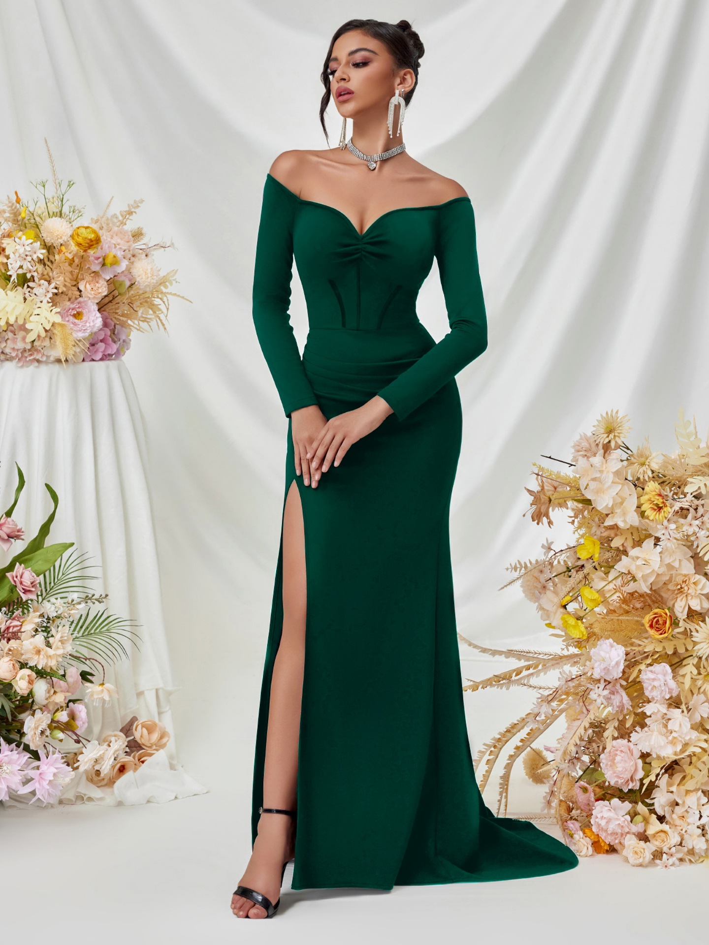 2025 falda de trapeador sexy de manga larga europea y americana transfronteriza de color sólido con horquilla alta y delgada falda de vestido de dama de honor de fiesta sin tirantes image 5
