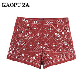 KAOPU ZA 2025夏季新款女式波西米亚风绣花短裤高腰休闲度假热裤