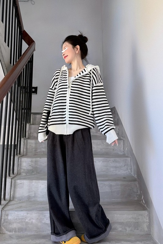 韩系抽绳连帽条纹针织开衫女秋季宽松百搭慵懒凤外穿毛衣上衣外套|undefined