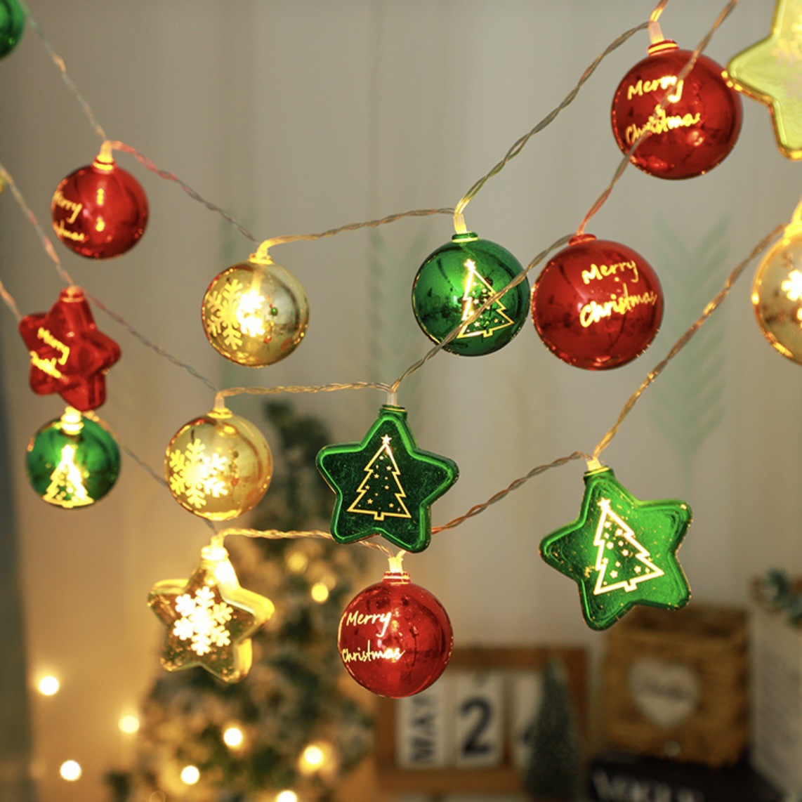 LED de Navidad impresa en color bola galvanizada estrella colgante string de luz decoración árbol de Navidad escena de atmósfera de luz de color