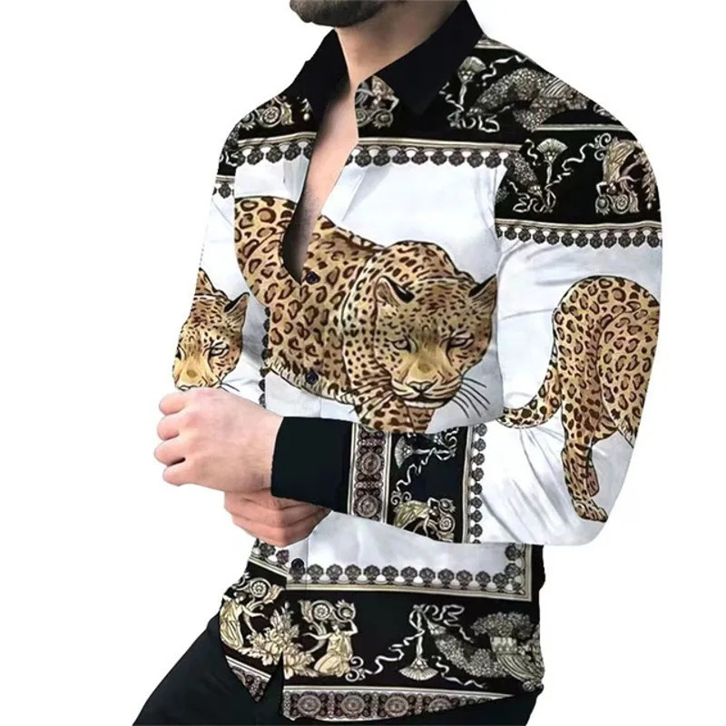 Cross-border independent station vintage leopard pattern 3D printed men's long-sleeve shirt, light luxury turn-down collar shirt, factory wholesale Cross-border independent station vintage leopard pattern 3D printed men's long-sleeve shirt, light luxury turn-down collar shirt, factory wholesale
