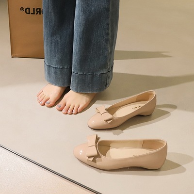 6821-H91 French patent leather round toe bow shallow mouth single shoe red sole versatile high rise commuting banquet wo