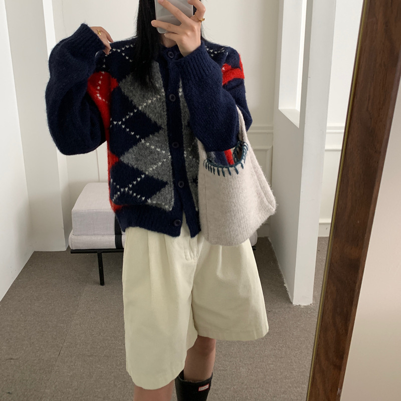 慵懒风菱形格撞色针织衫外套女2025秋冬新款高级感针织衫上衣女|undefined