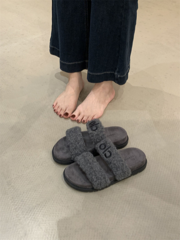 秋冬可爱毛绒拖鞋女双带字母装饰居家拖鞋防滑室内外穿拖鞋子|undefined