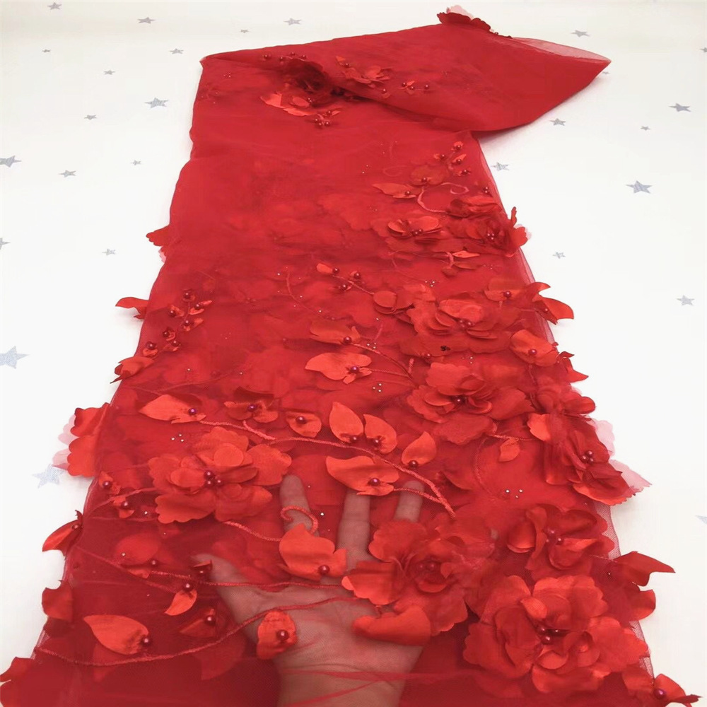 3D bordado tela de malla hecha a mano con cuentas tridimensional bordado tela primavera y verano ropa vestido de tela en stock venta al por mayor