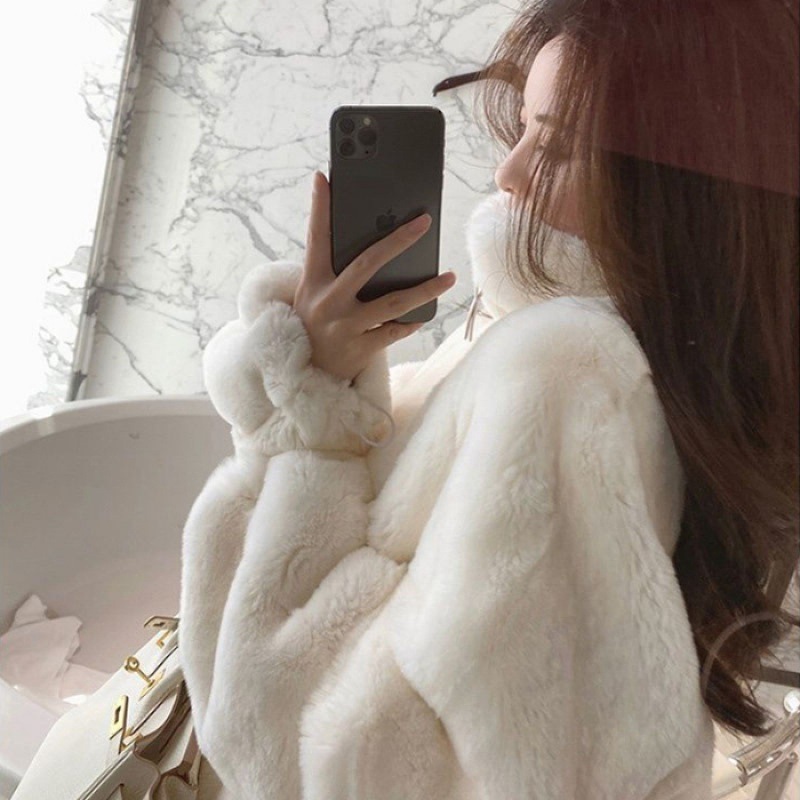 Abrigo de piel sintética de estilo coreano para mujer Otoño e Invierno suelto de piel de conejo Rex forrado de lana engrosado cuello de pie con cremallera suéter de felpa todo partido