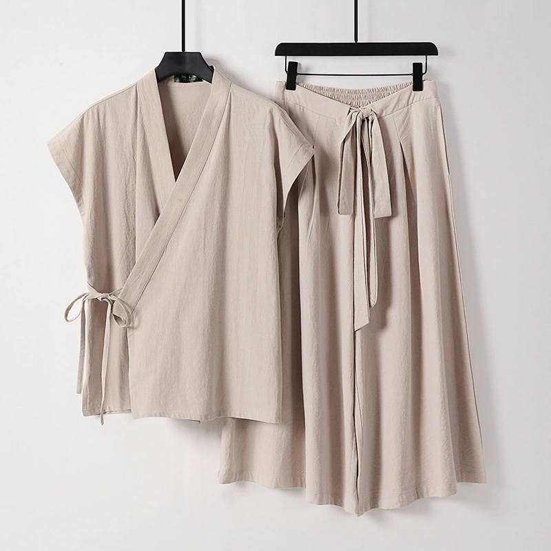 Костюм Тан из двух предметов, мужской летний жилет, футболка, жилет без рукавов в этническом стиле, костюм из хлопка и льна в китайском стиле для мужчин