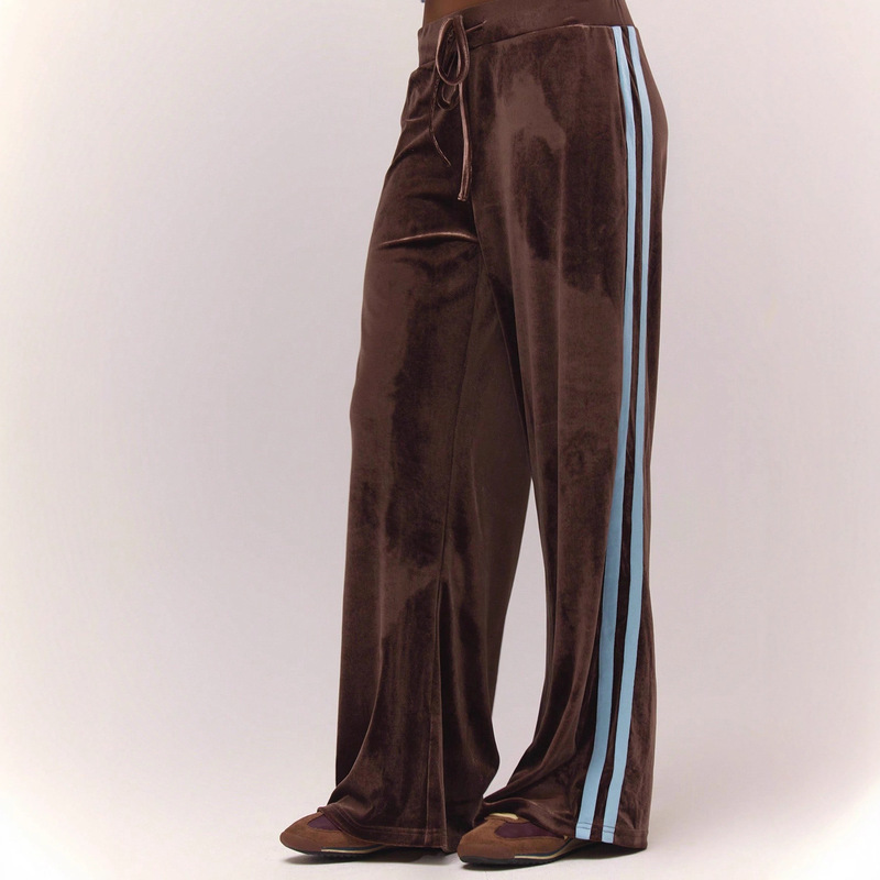 European and American Women's Wide-Leg Side-Striped Velvet Drawstring Elastic Waist Jogger Pants Casual Home Pants Caramel Color