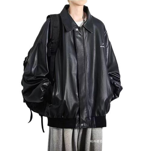 Mens High-end Cool Gangster Style American Trend Loose Plus Size Winter Fleece Youth Leather Jacket Black Leather Coat Outerwear