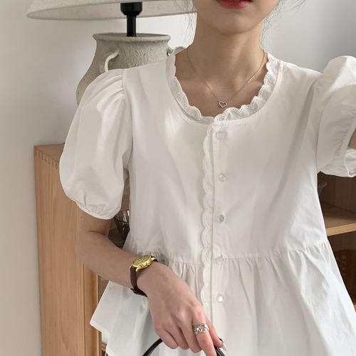Early Spring Aging Cotton Doll Shirt Top 2025 Korean Version New Sweet Bubbly Sleeve Blouse Summer Women's Clothing