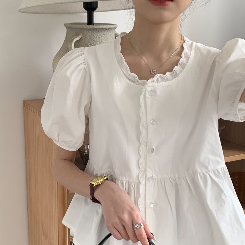 Early Spring Young Cotton Doll Shirt Top 2025 Korean Style New Sweet Puff Sleeve Shirt Summer Women's Wear