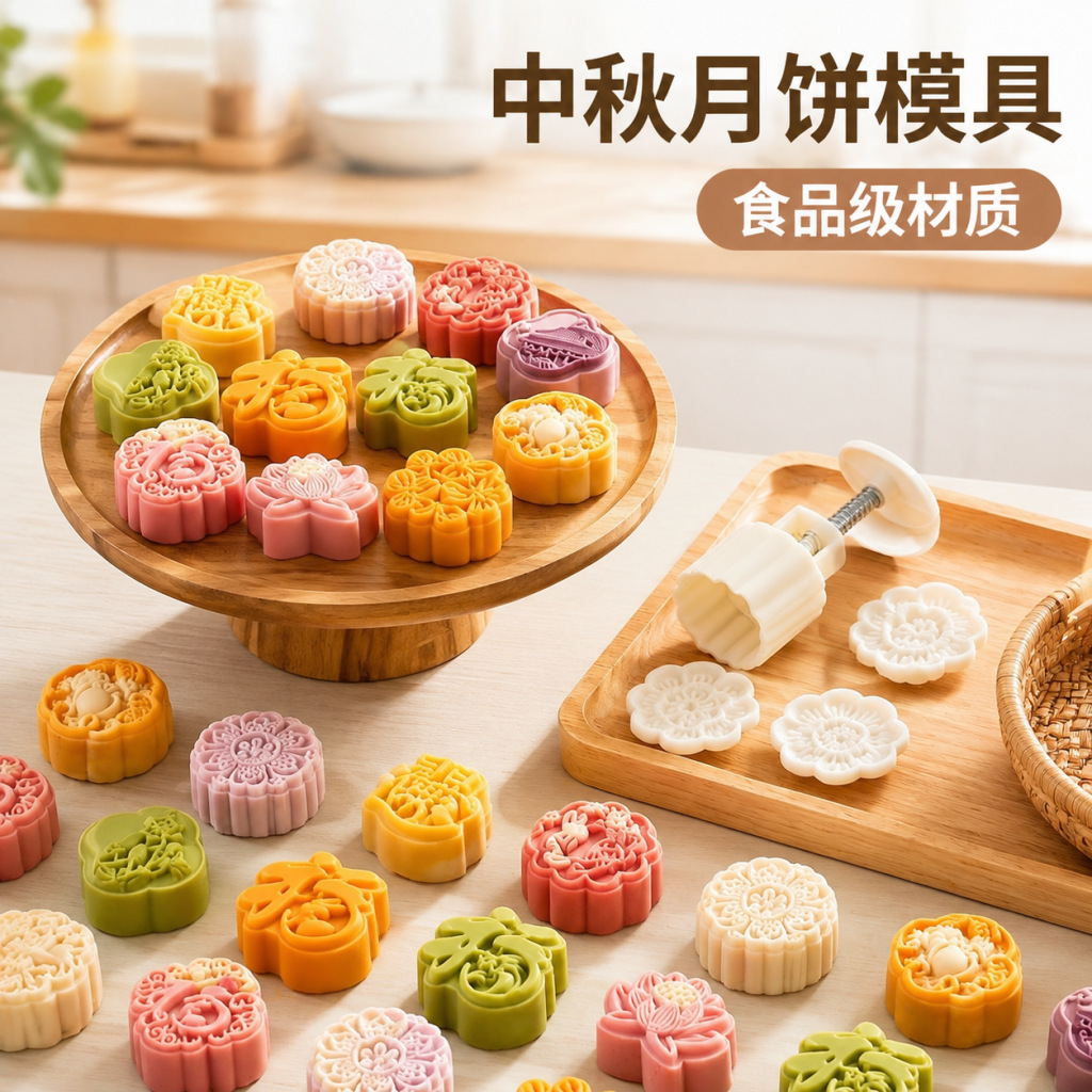 26新款50克月饼模具手压式家用立体凤梨发财中秋广式月饼压花磨具