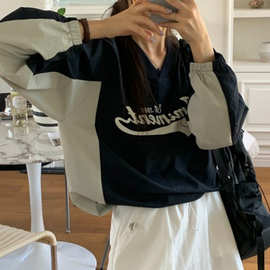 韩国东大门女装高货韩系休闲圆领套头小众撞色上衣
