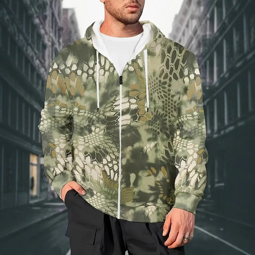Abrigo de otoño para hombre camuflaje estampado 3D cardigan con cremallera suéter con capucha fábrica al por mayor MF08