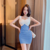 Mesh vest skirt with contrasting color patchwork， buttocks wrapped， tight pleated dress