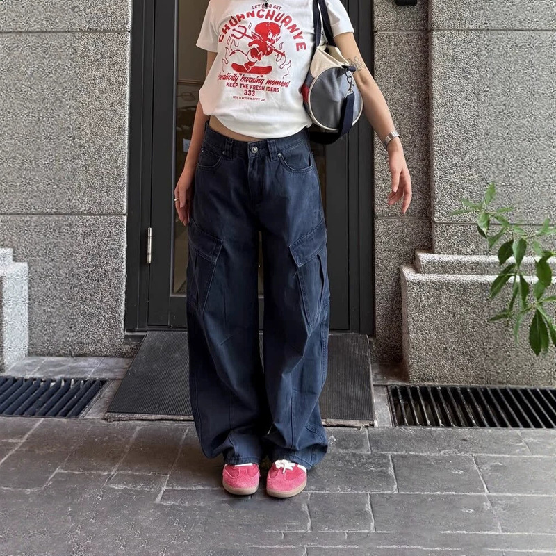 Chuanchuanyijia American high street multi-pocket scythe cargo pants for men and women, loose fit, pleated, casual, washed long pants Chuanchuanyijia American high street multi-pocket scythe cargo pants for men and women, loose fit, pleated, casual, washed long pants