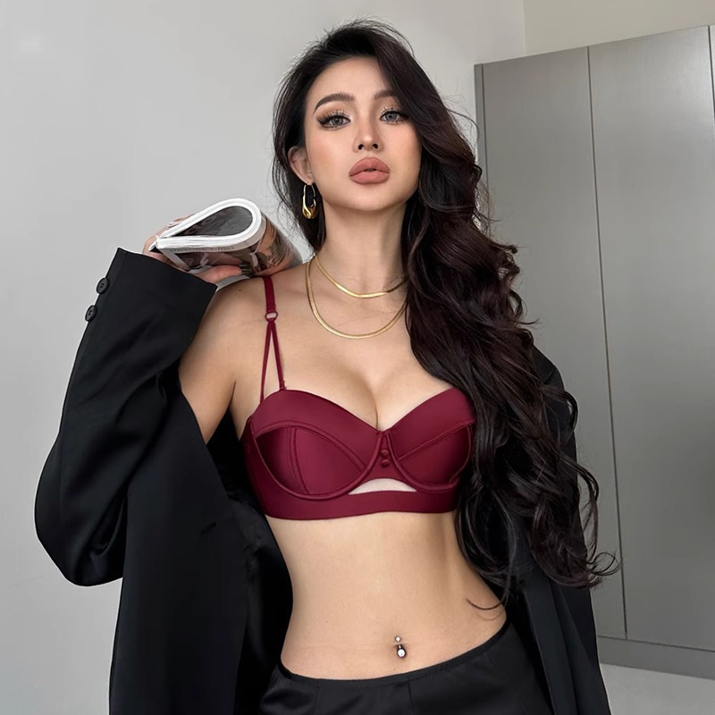 Red Benmingnian Underwear suit Women's Wedding Bride Half Cup Bra Sexy Underwear Bra Small Chest Gathering Large