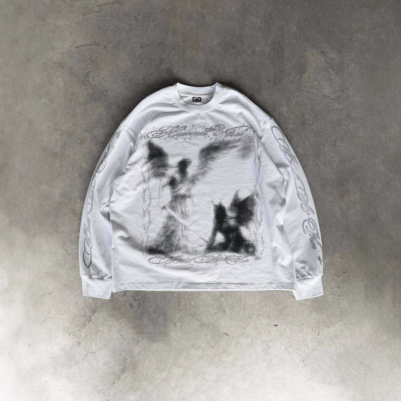 American Street Art Hand-Painted Dark Style Trendy Letter Print Y2K High Street Gothic Niche Round Neck Long-Sleeved T-Shirt