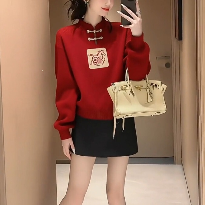 2026 New Winter Zodiac Year of the Horse Clothing, New Chinese Style National Style Buttoned Red Christmas Sweater for Women