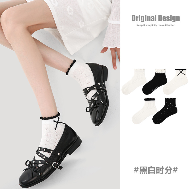 R5028 Socks for Women in Spring and Summer, Black and White Casual Socks, Thin Boat Socks, Breathable Cotton Mesh Socks for Women