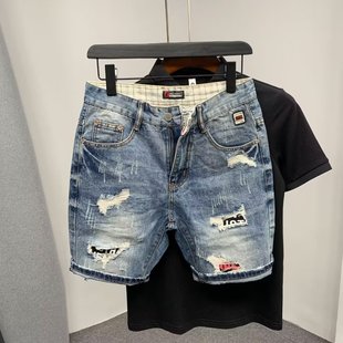 Straight Ripped Denim Shorts for Men, Loose Trendy Brand Ins Large Size Five-Point Pants, Summer Thin Scratched Mid-Pants