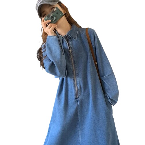 Women's Fashionable Vintage Long-Sleeve Dress for Spring and Autumn, Slimming, Small-Scale Cowboy Style, French Tea Party Trend