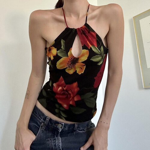 Women's V-Neck Top with Unconventional Design, Spring and Summer, High-End, Shoulder Strap, Fitted, Floral Print, French Retro Style