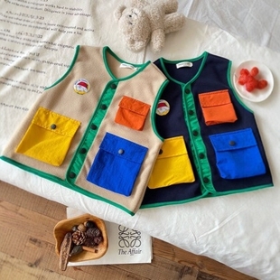 24 Fall/Winter New Japanese Fam All-match Multi-pocket Children's Contrast Color Fleece Vest