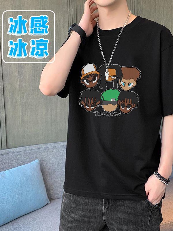 Moda estilo coreano corto moda negro hielo seda manga corta Camiseta cuello redondo Camiseta para hombres y mujeres