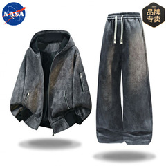 NASA品牌秋季扎染美式连帽夹克套装男士高质量潮牌休闲外套一整套