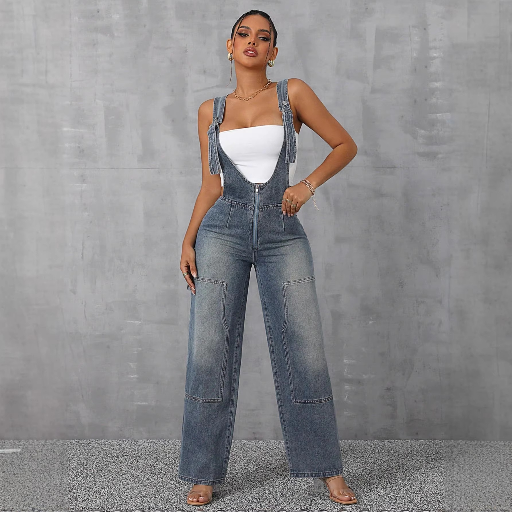 50-65610 # Aliexpress Women's Clothing European and American Personality Hottie Overalls Jumpsuit Wide Leg Straight Denim Trousers