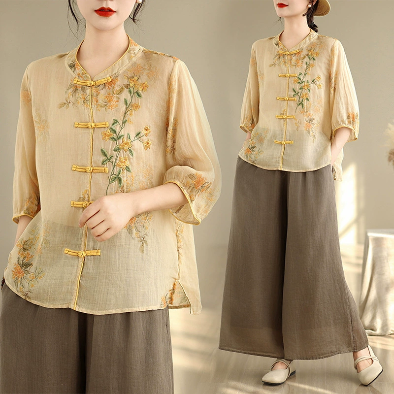 Реальная стрельба ~ Ретро шикарная пуговица с вышивкой стоячий воротник свободный повседневный литературный рубашка с короткими рукавами