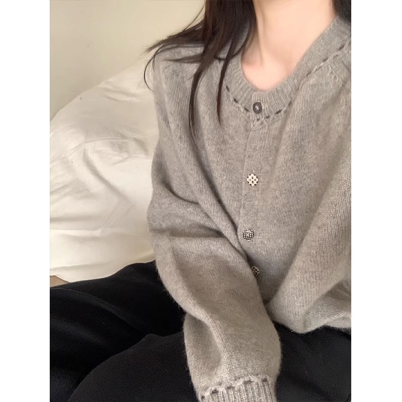 Cardigan coreano in velluto con scollo rotondo e maniche ricamate viola da donna, piccolo cappotto lavorato a maglia profumato primaverile_voghion.com