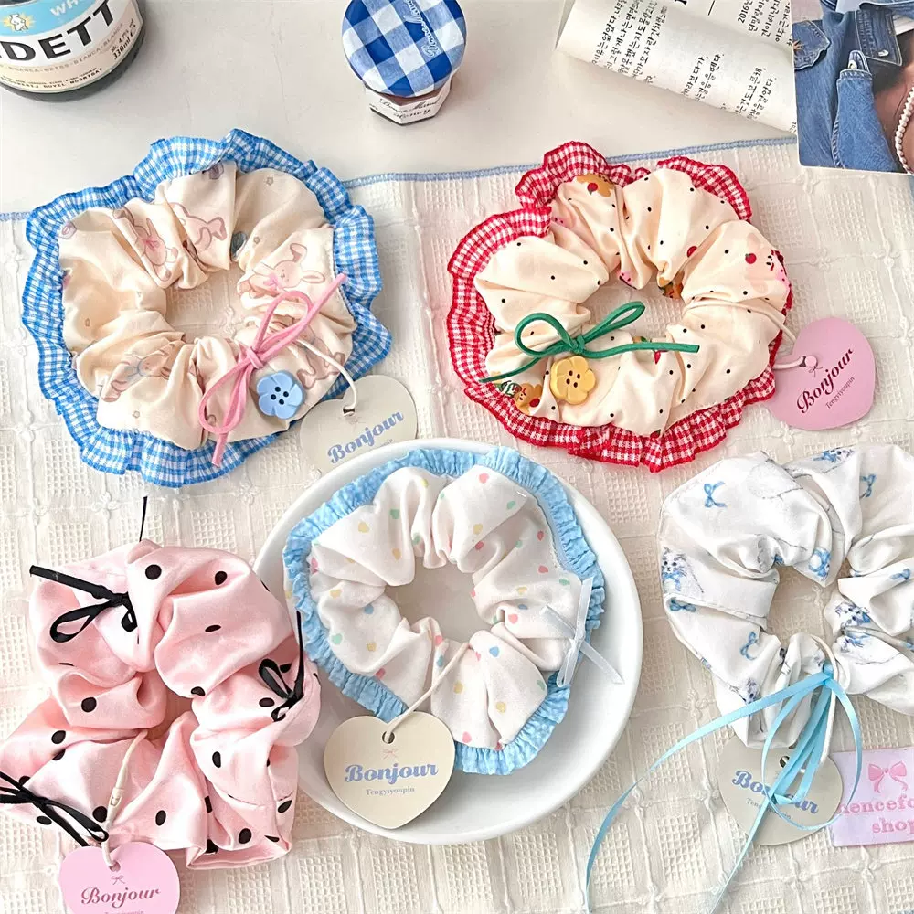 夏日清爽蝴蝶结蕾丝花边大肠发圈少女田园风高级感大号丸子头发绳