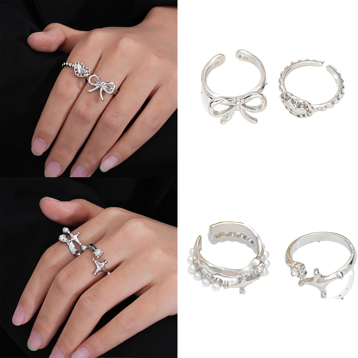 new fashion inlaid pearl zircon bow love temperament open design ring 2 pieces_voghion.com